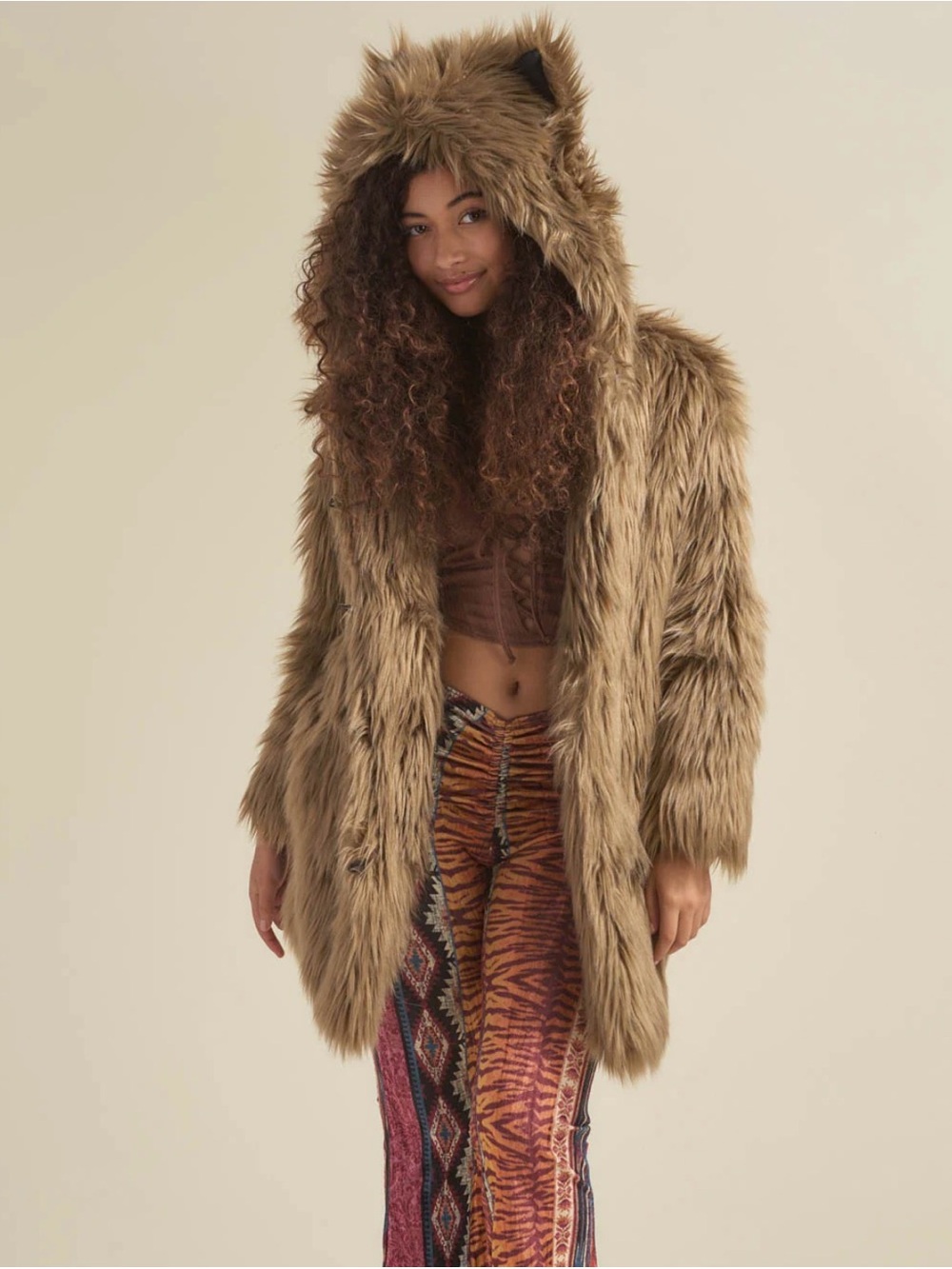 SpiritHoods Faux Fur Hooded Coat in Light Brown